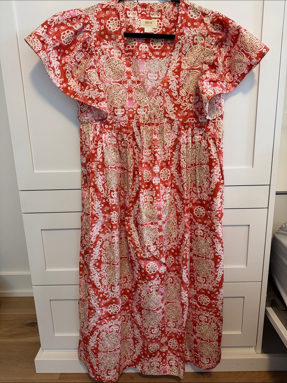 Maeve by Anthropologie Coral Paisley Flutter-Sleeve Dress